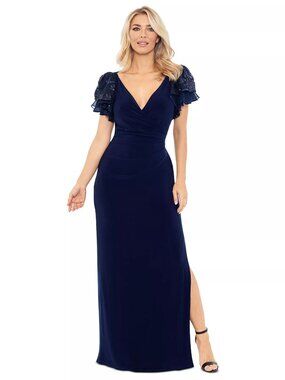 Betsy & Adam Women's Sequin-Sleeve Surplice-Neck Gown Navy